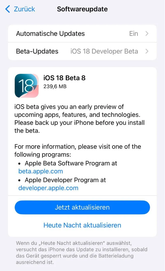 临洮苹果手机维修分享苹果 iOS / iPadOS 18 开发者预览版 Beta 8 发布 